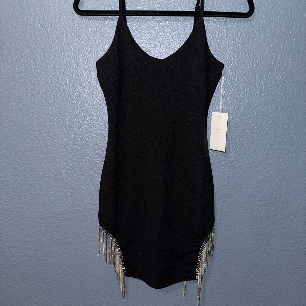 Black Sleeveless Bodysuit with Rhinestone Fringe